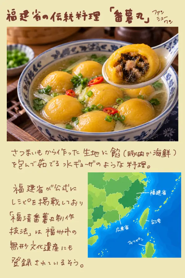 An illustrated guide to Fujian fanshuwan, showing filled dumplings in soup alongside a map marking Fujian Province.